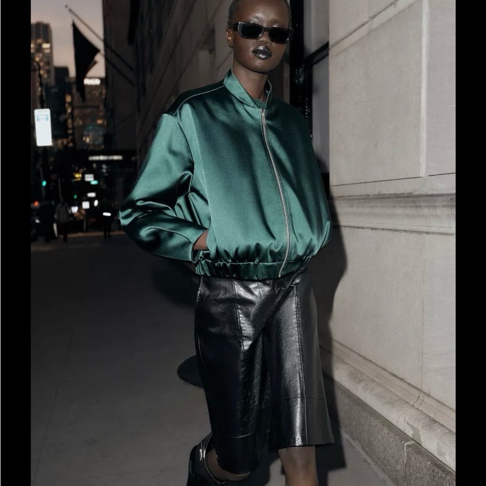 Zara Deep Green Satin Bomber Jacket - Picture 3 of 4